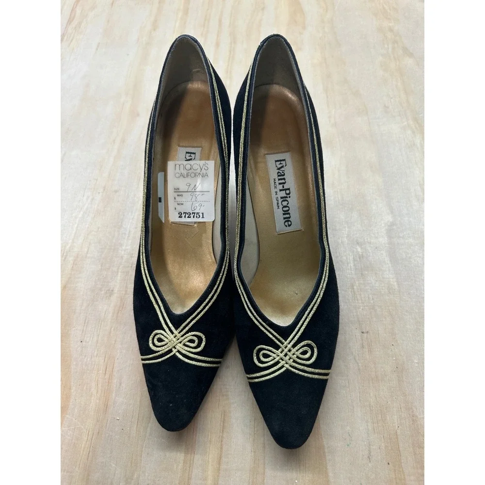 Evan-Picone‎ Vintage Black Suede Gold Embroidered Pumps Heels Made in Spain 9N